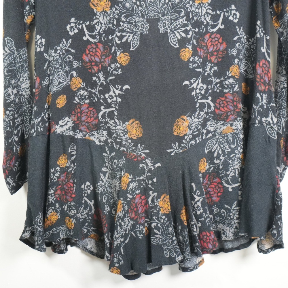 Free People Mini Dress Womens Small Black Floral Damask V-Back Ruffle Boho Tunic - Picture 4 of 10